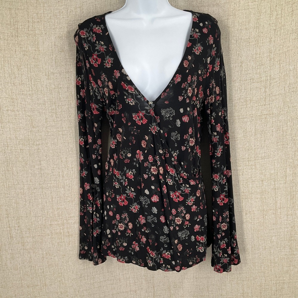 Lucky Brand Floral Blouse Womens Small Black Boho V-Neck Bell Sleeve Top